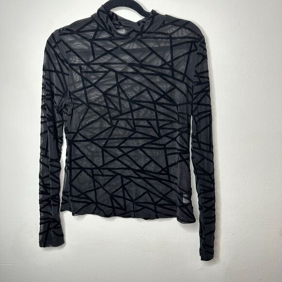 Jet Black Geometric Stripe Sheer Mesh Long Sleeve Mock Neck Stretch Blouse M - Picture 3 of 11